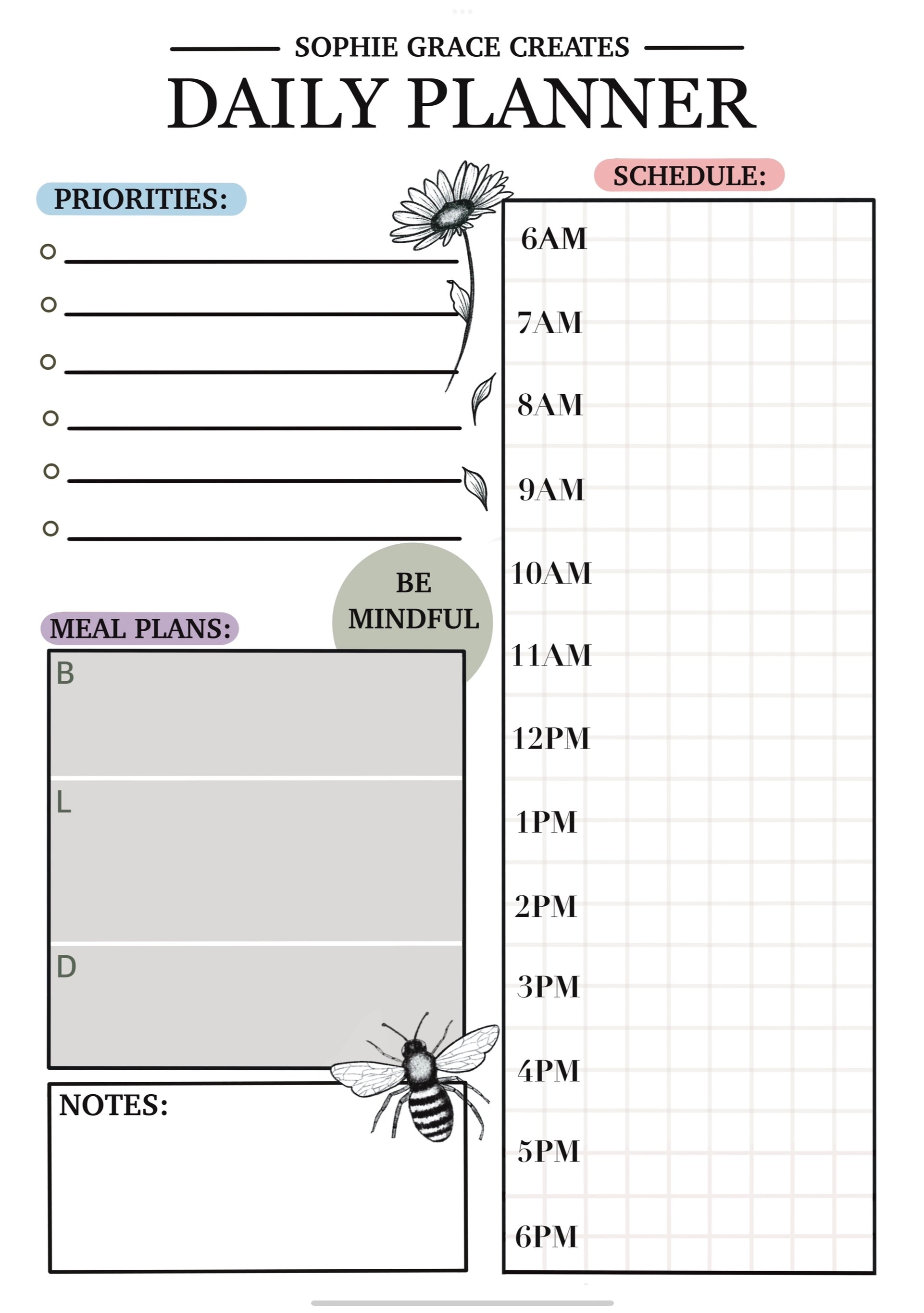 Digital Download Bee Daily Planner – Sophie Grace Creates
