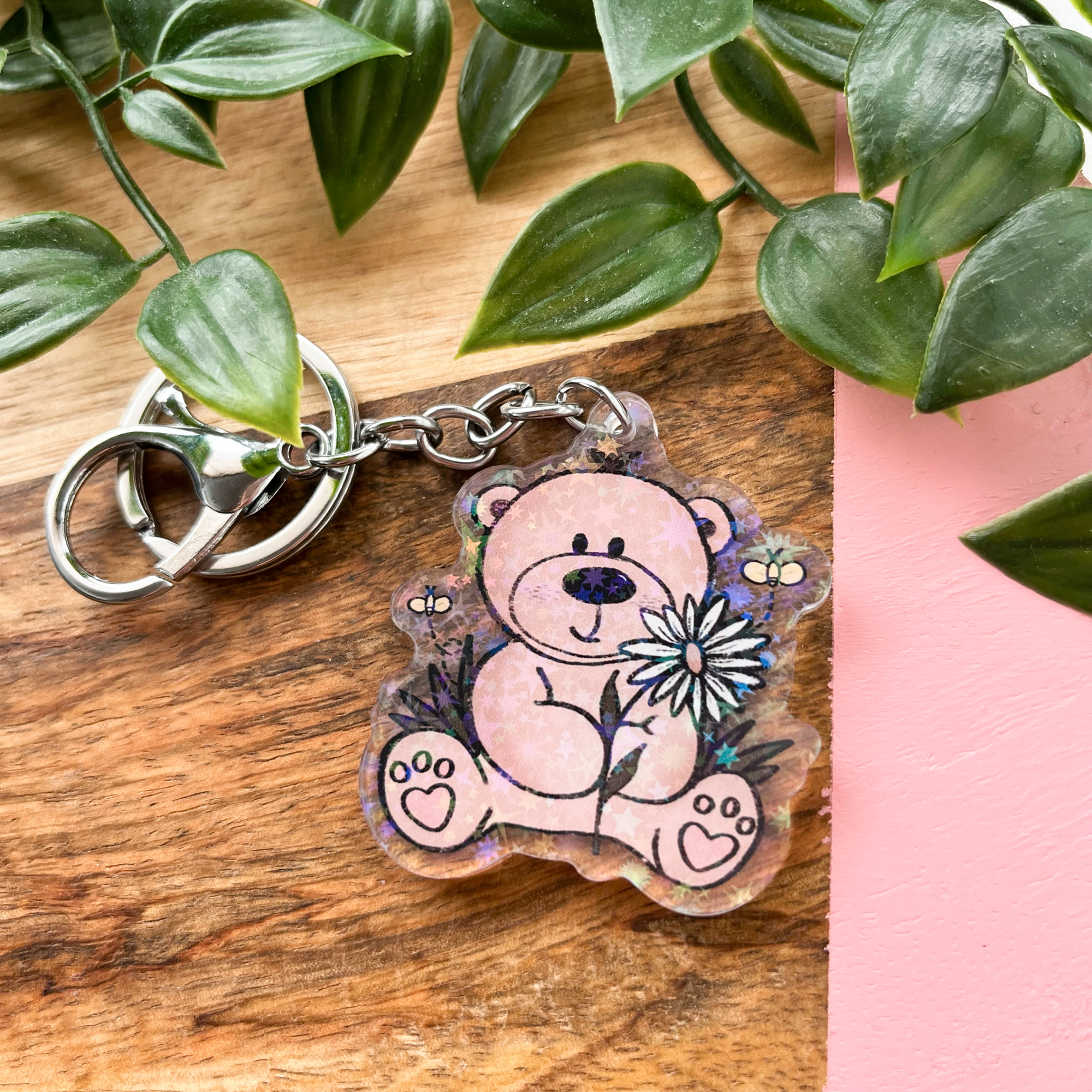Holographic Daisy Bear Keychain